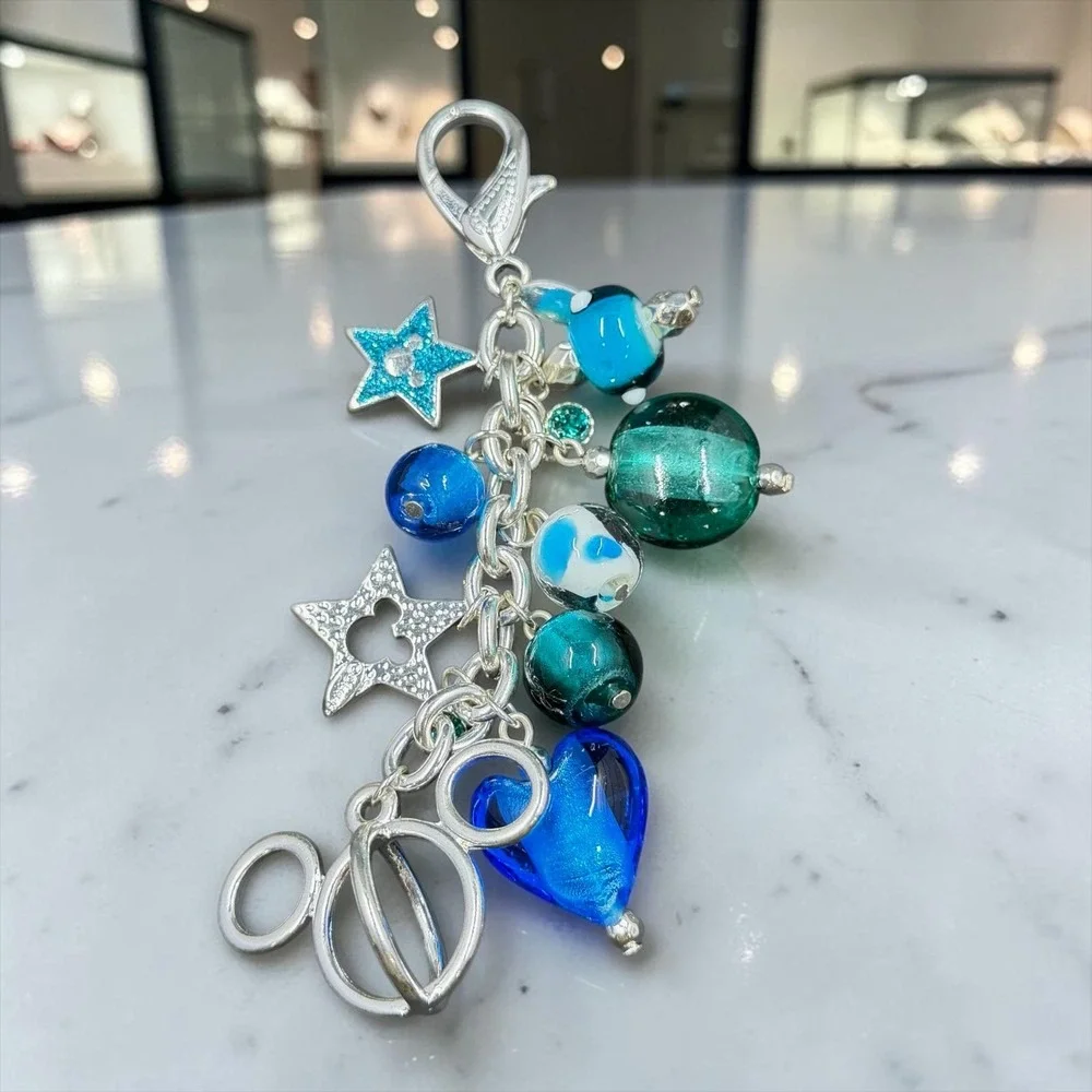 Disney Blue Charm Bag Clip Purse Charm Keychain Mickey Heart Beaded Y2K Coquette